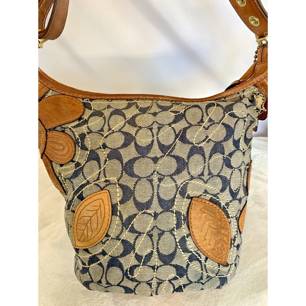 COACH Bleecker Denim 11781 Vachetta Leather Floral Applique Duffle Bag RARE - Picture 11 of 17